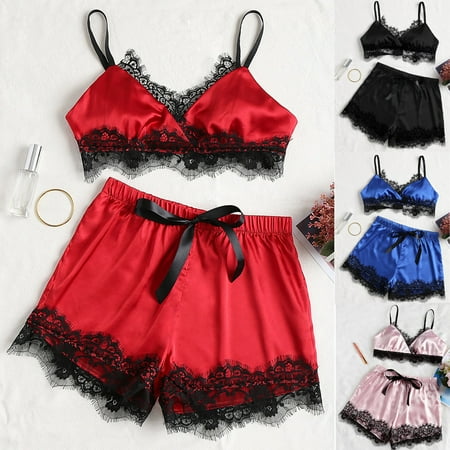 

Womens Plus Size Eyelash Lace Lingerie Bodydoll V-neck Lace Details Pajamas Set