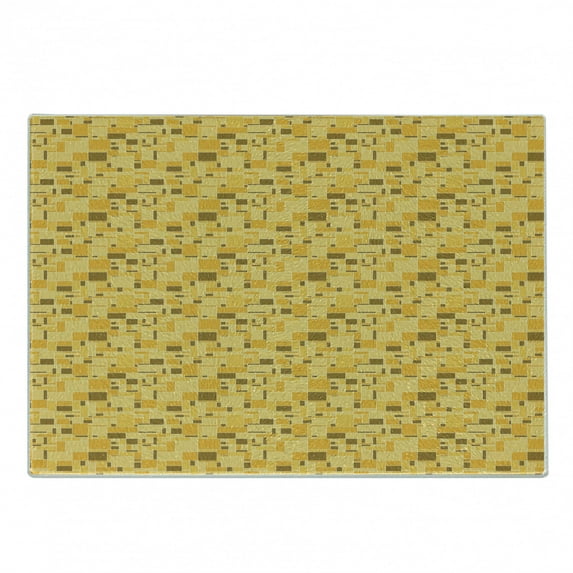 Geometric Cutting Board, Geometric Squares and Rectangles Pattern Checkered Grid Style Mosaic, Decorative Tempered Glass Cutting and Serving Board, Small Size, Marigold and Sepia, by Ambesonne