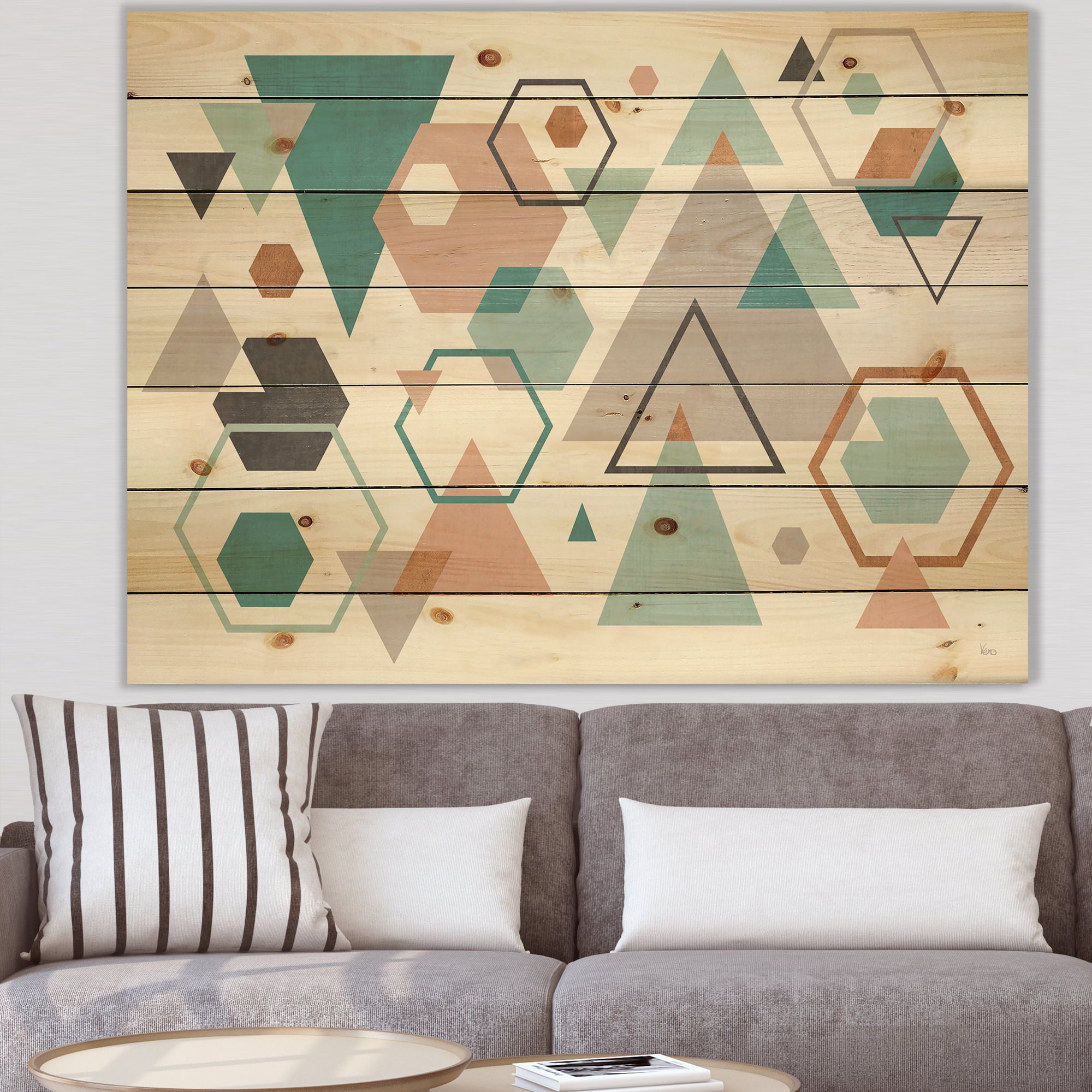 Designart 'Geometric hexagons Pattern VI' Transitional Print on Natural Pine Wood