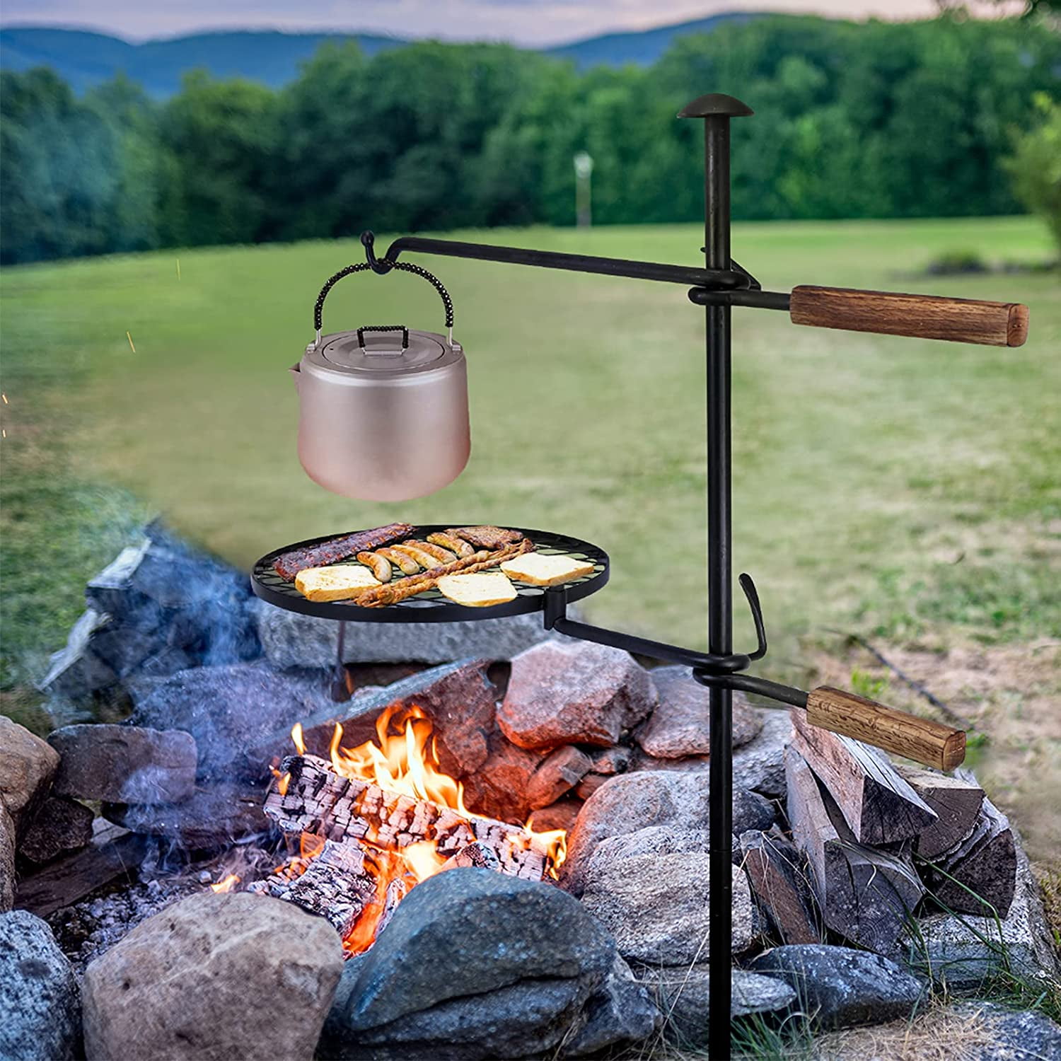 BreeRainz Swivel Campfire Grill, 360° Adjustable Camp Grill Over Fire