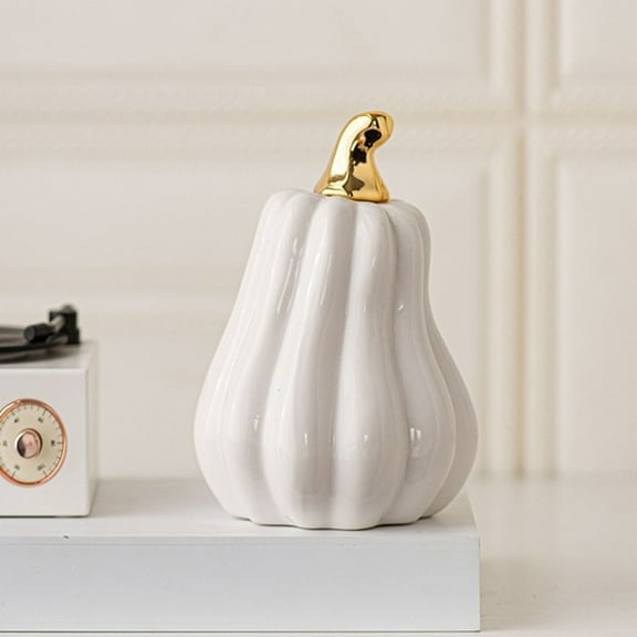 White Ceramic Pumpkin Ornament for Desktop Home Halloween Decoration - Fall Thanksgiving Table Centerpiece - White