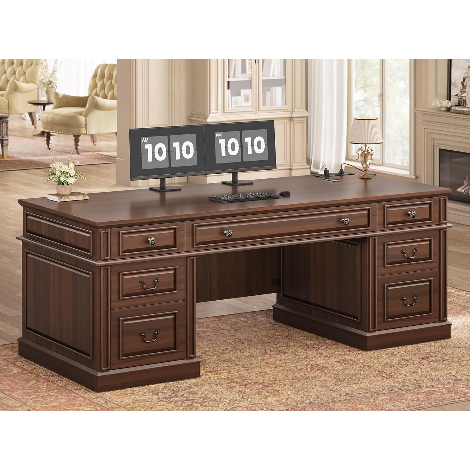 SEDETA 60.6" Executive Desk with 7 Drawers & Charging Station, Wood Home Office Computer Desk with 2 File Cabinets, Classic Writing Study Desk with Storage, Walnut