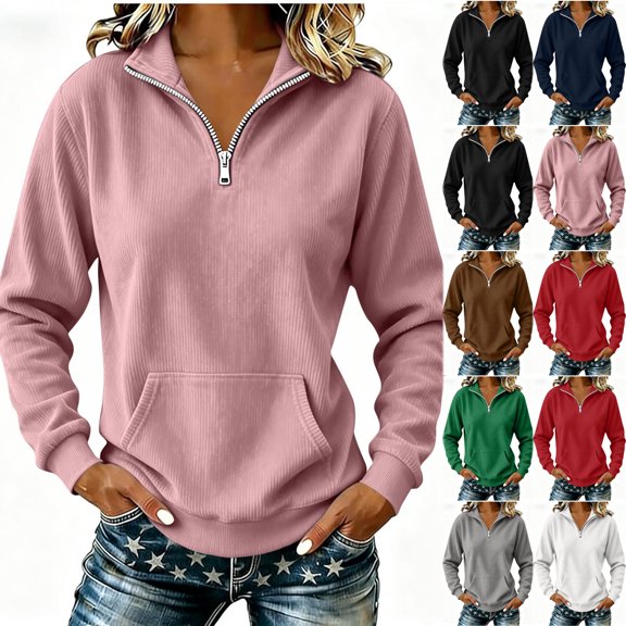 Otntypg Womens Half Zip Oversized Sweatshirts Lightweight Cozy Hoodless Top 2026 Trendy Long Sleeve Pullover Tops Y2k Fall Outfits with Pockets