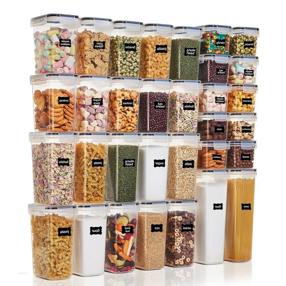 32 Pack Airtight Food Storage Containers Set, BPA Free Plastic Kitchen and Pantry Organization Canisters with Lids for Cereal, Dry Food, Flour and Sugar, Includes 32 Labels