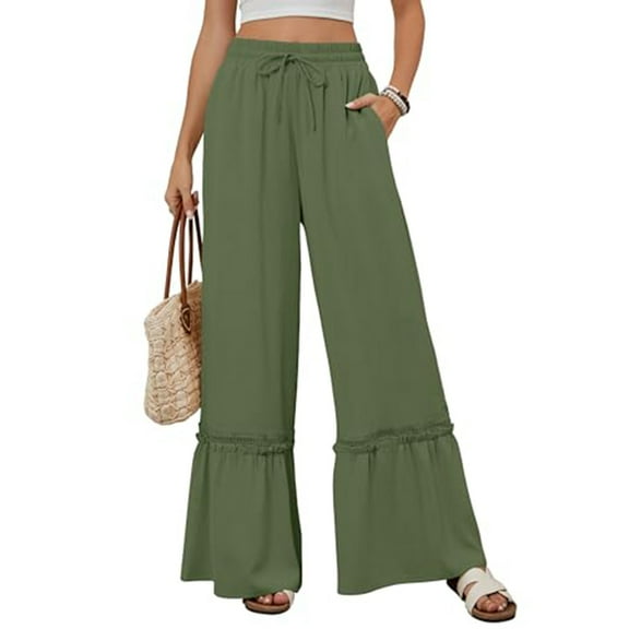 QingYiHua Womens Pants Summer Casual High Waisted Wide Leg Pants Palazzo Beach Trousers Lace Flowy Summer Outfits with Pockets,Army Green