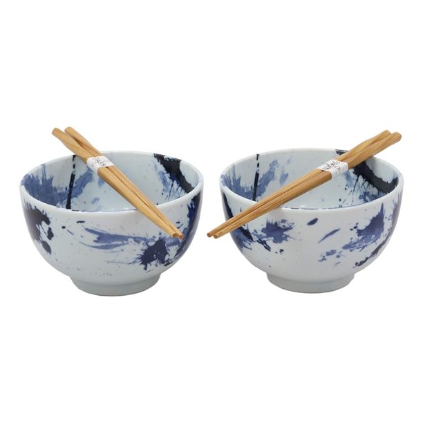 Ebros Gift Made In Japan Blue Splash Paint Abstract Art Design Porcelain Bowls With Bamboo Chopsticks Set Of 2 For Salad Ramen Pho Soup Cereal Home Kitchen Decorative Japanese Artistic Bowl