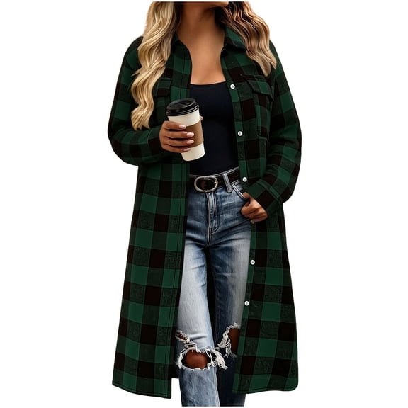 TEAJOPSUU Women's Shackets Plaid Long Button Down Shirt Jackets with Pockets Fall Trendy Oversized Thick Coat Green
