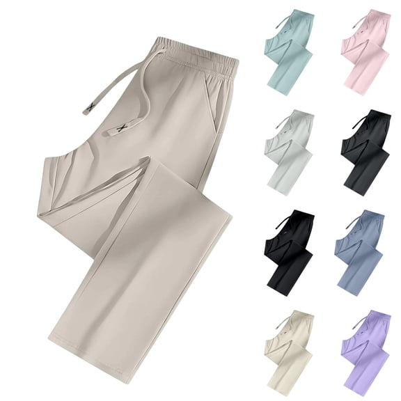 Women's Lightweight Quick Dry Straight Leg Pants 2026 Summer Drawstring Elastic Waist Breathable Casual Office Trousers with Pockets Khaki L