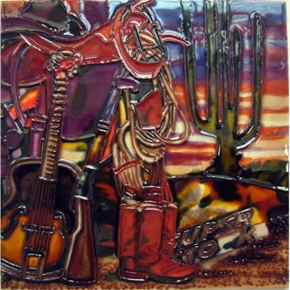 Continental Art Center BD-2143 8 x 8 in. Cowboy Boots, Guitar & A Gun Ceramic Art Tile