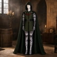 thumbnail image 3 of Dark Green Sorcerer Villain Cosplay Costume Printed Armor Jumpsuit with Hooded Cape 2-Piece Set for Halloween Stage Performance, 160, 3 of 5