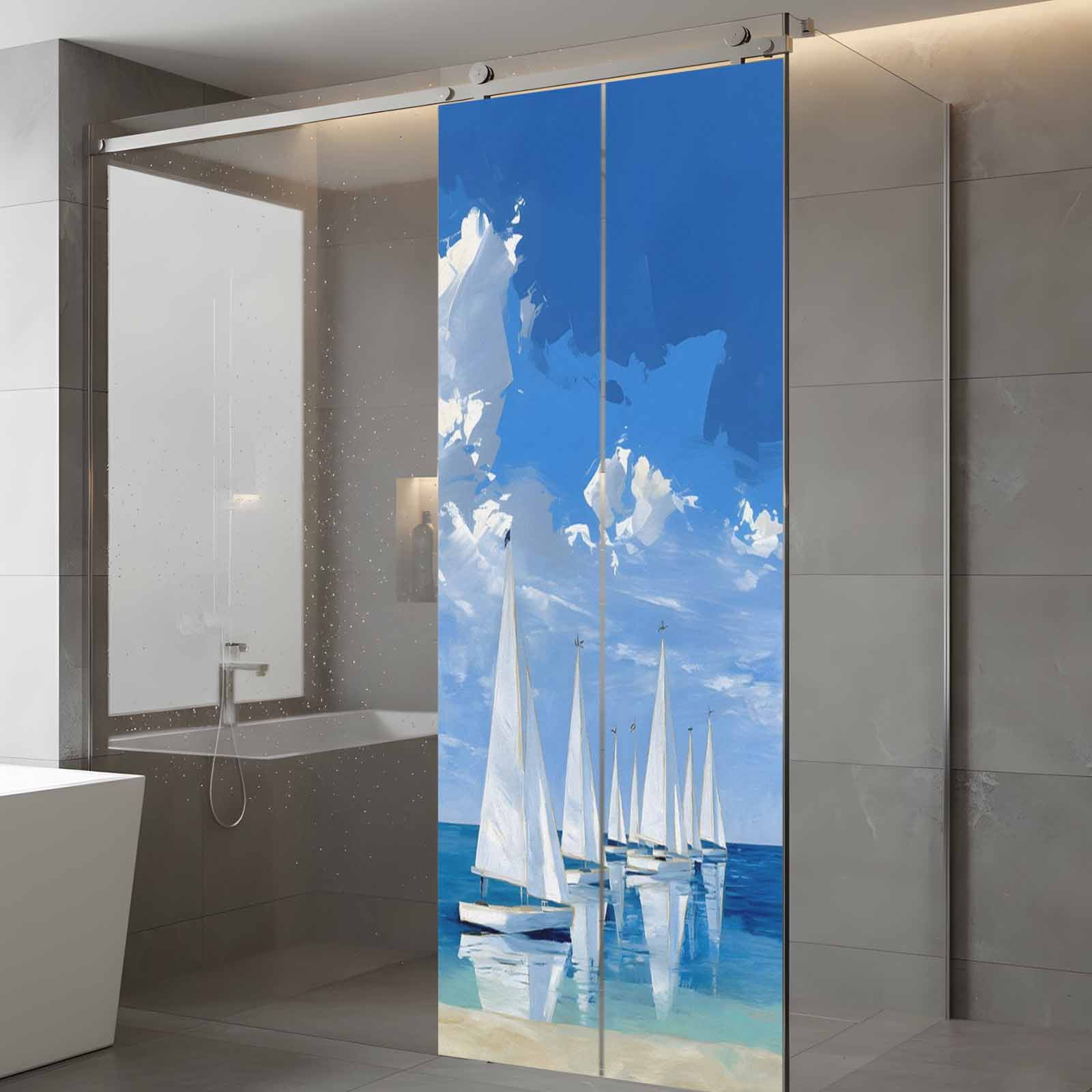 Summer Theme Window Privacy Film, Oil Painting Blue Oceans Sailboats Cloud Sky Frosted Glass Window Clings Static Cling UV Heat Blocking Reusable Door Sticker for Bathroom 23.6 x 59 Inch
