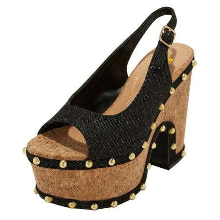 FSJ Women Fashion Studded Peep Toe Slingback Pumps Platform Wooden Chunky Wedges High Heels Sandals Adjustable Buckle Party Wedding Dating Casual Shoes Size 10.5 Black