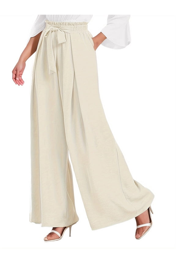 Womens Wide Leg Lounge Pants with Pockets High Waisted Adjustable Tie Knot Loose Casual Trousers Dress Work Pants