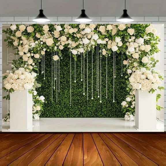 Elegant White Roses Wedding Theme Backdrop Greenery Wall Wedding Bridal Shower Photography Background Crystal Beads Tassels Bride to Be Engagement Party Supplies Birthday Decor Photo Props