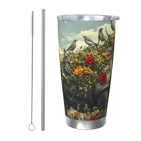 

Ocsxa Floral Rhino With Birds Pattern 20oz Travel Coffee Mug with Flip Lid Stainless Steel Insulated Insulated Coffee Mug Thermal Cup with Splash Proof Sliding Lid-Straw Two-piece Set