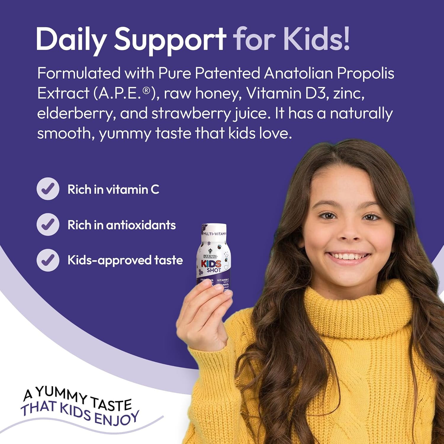 BEE&YOU Kids Propolis Shot with Vitamin C, Vitamin D3 & Zinc, Strawberry Flavor, No Added Sugar, Non-GMO Kids Daily Supplement, Ages 4+