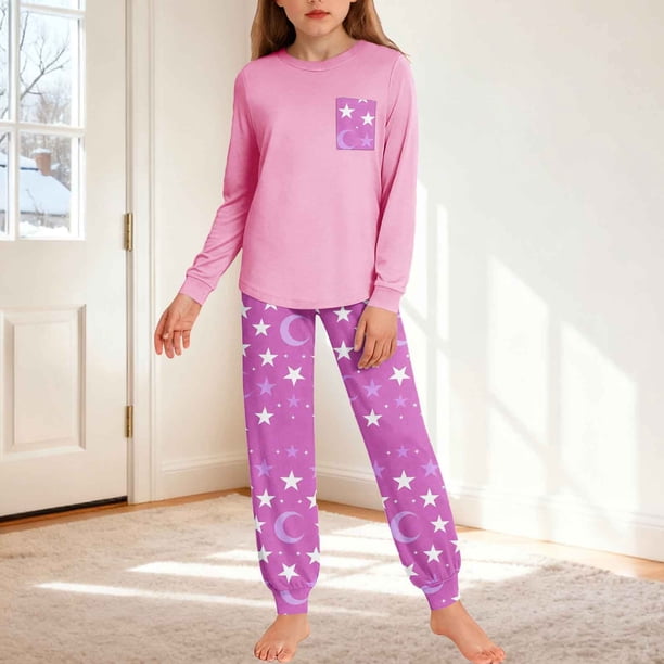 Conjuntos de blusa y camisa de manga larga con cuello redondo para niños y niñas de 5 a 14 años con estampado y bolsillo. Conjunto de top y pantalón de manga larga.