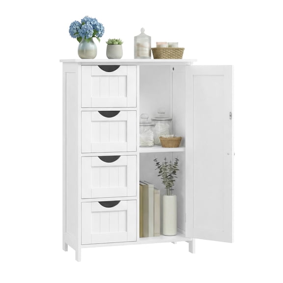 LEDREM Bathroom Floor Cabinet, Wooden Freestanding Side Storage Organizer with 4 Drawers and Adjustable Shelves for Bathroom, White