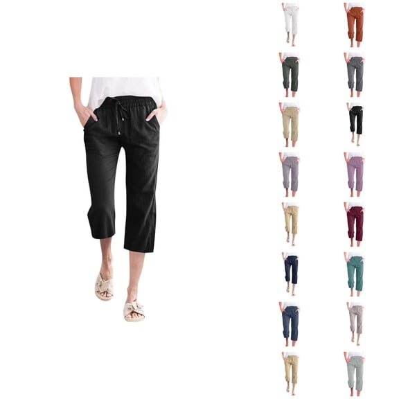 Capri Pants for Women 2026 Summer Elastic Waist Drawstring Wide Straight Leg Loose Casual Cropped Pants with Pockets