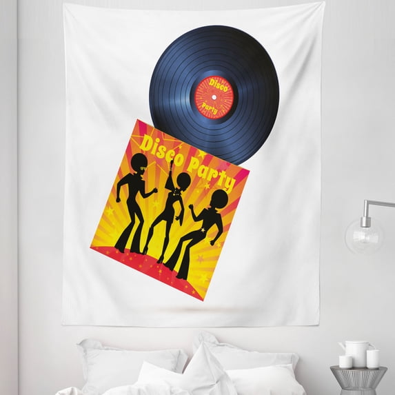 Vinyl Tapestry, Vinyl Record Cover with Disco Party Illustration Dancers Music Art Print, Fabric Wall Hanging Decor for Bedroom Living Room Dorm, 5 Sizes, Orange Yellow White, by Ambesonne