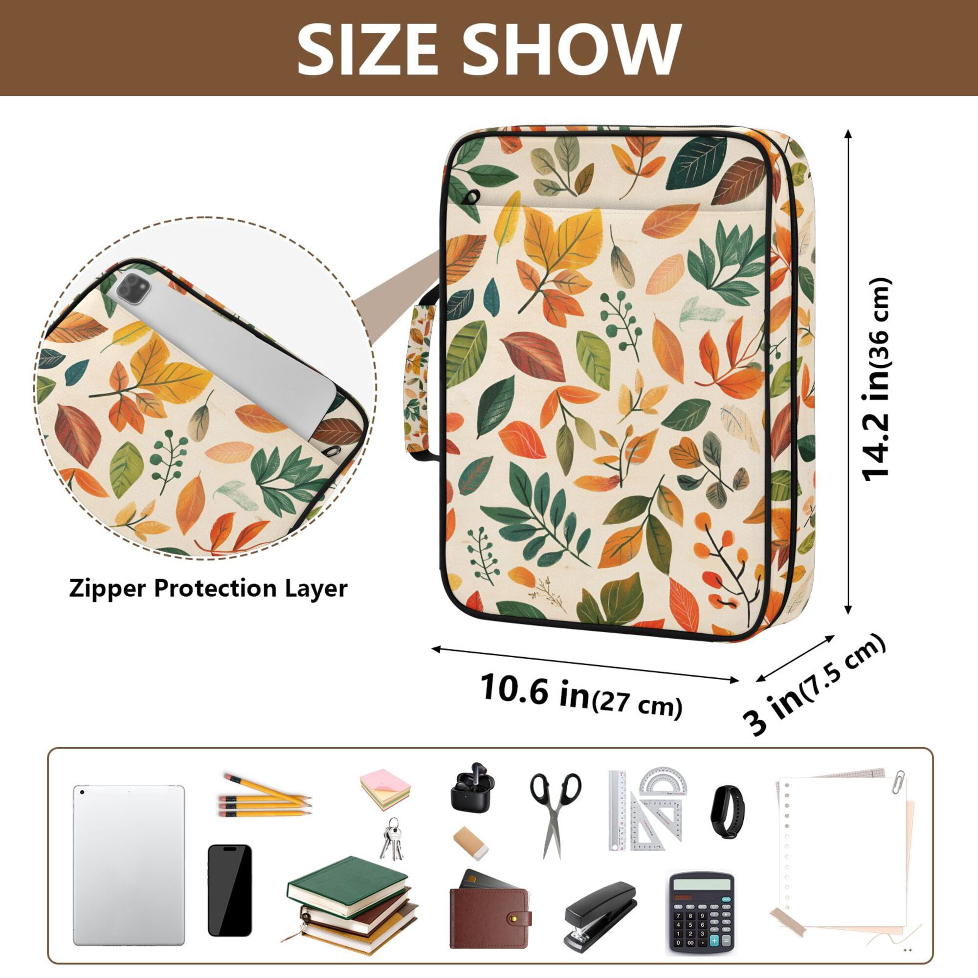 FORMRS Accordion File Folder A4 Size 7-Pocket Expanding Document Organizer Bag with 3 Ring Binder, Beige Retro Leaves