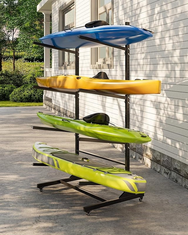 Kayak Storage Rack for 2-6 Kayaks Freestanding Kayak Rack for Outdoor Storage with Movable Wheels, Heavy-Duty Steel Kayak Hanger Holder with Hanging Straps