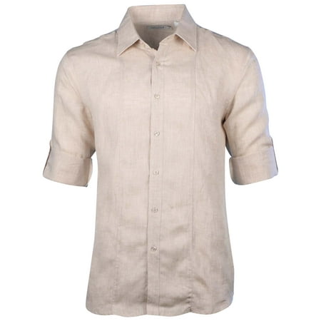 - Collection Men's Linen Double Striped Front Core Roll Up Shirt