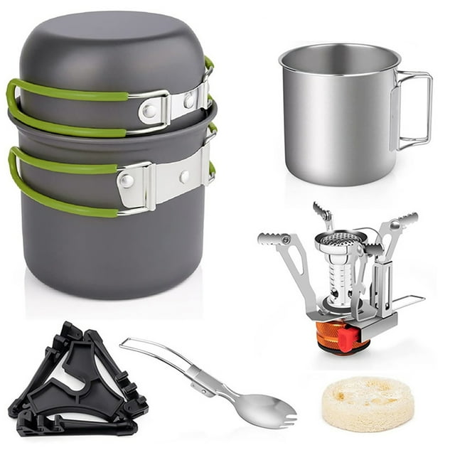 8pcs Camping Cookware Set,Folding Camping Stove Lightweight Pot Pan Set with Stainless Steel Cup and Fork Spoon for Outdoors Cooking Camping Hiking Picnic Backpacking