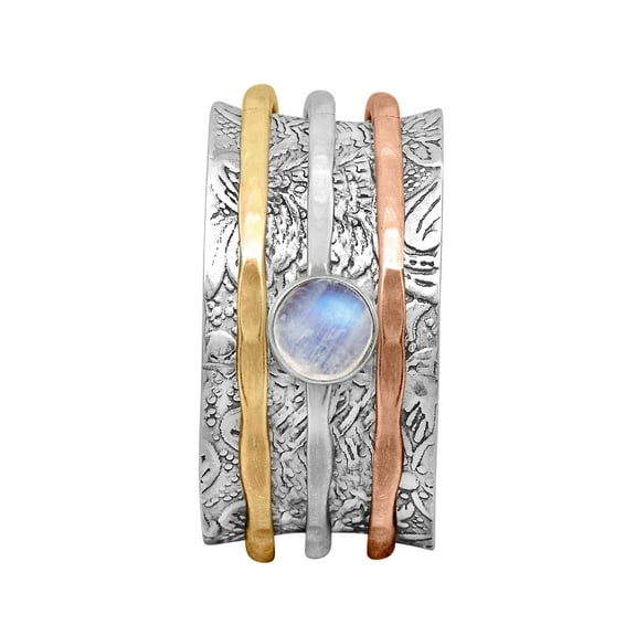Round Moonstone Three Multi Color Band 925 Sterling Silver Spinner Ring US-6