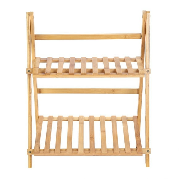 Double Tier Bamboo Storage Bamboo Plants Shelf, Plants Shelf Large Capacity Balcony Fleshy Floor Rack Folding Flower Pot Stand Plants Shelf
