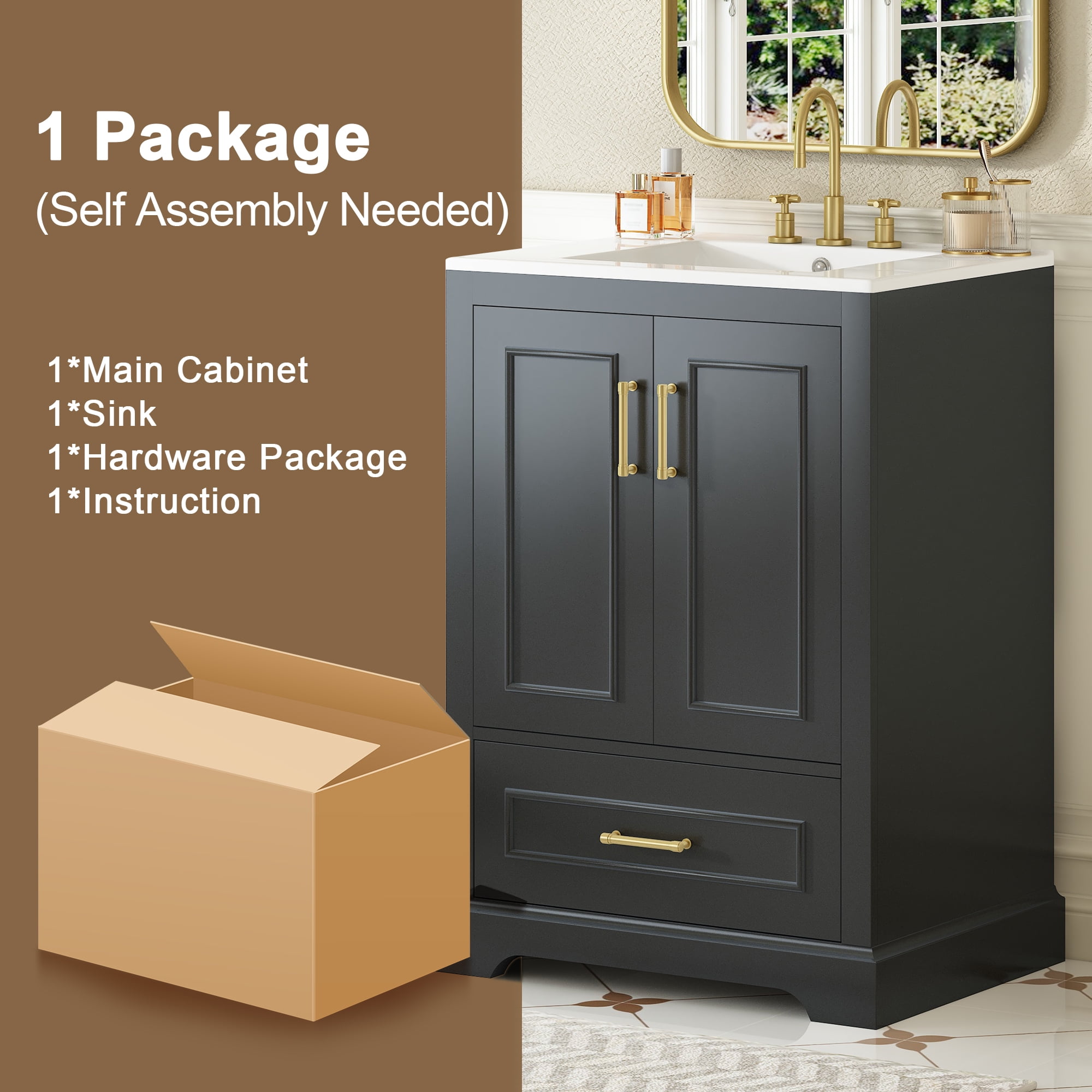 24" Durable Solid Wood Frame Bathroom Vanity with Storage, Modern Minimalist Bathroom Vanity with Ceramic Sink, Freestanding Storage Cabinet with Soft Close Doors for Bathroom Organization, Black