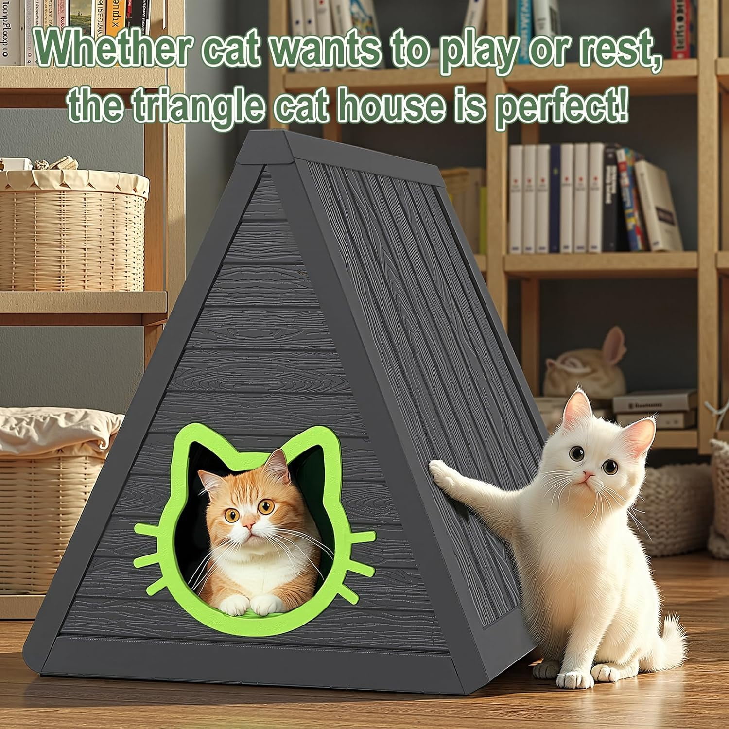 Triangular Cat House for Outdoor Weatherproof Shelter Cute Design with Cat Shaped Entrance for Indoor & Outdoor