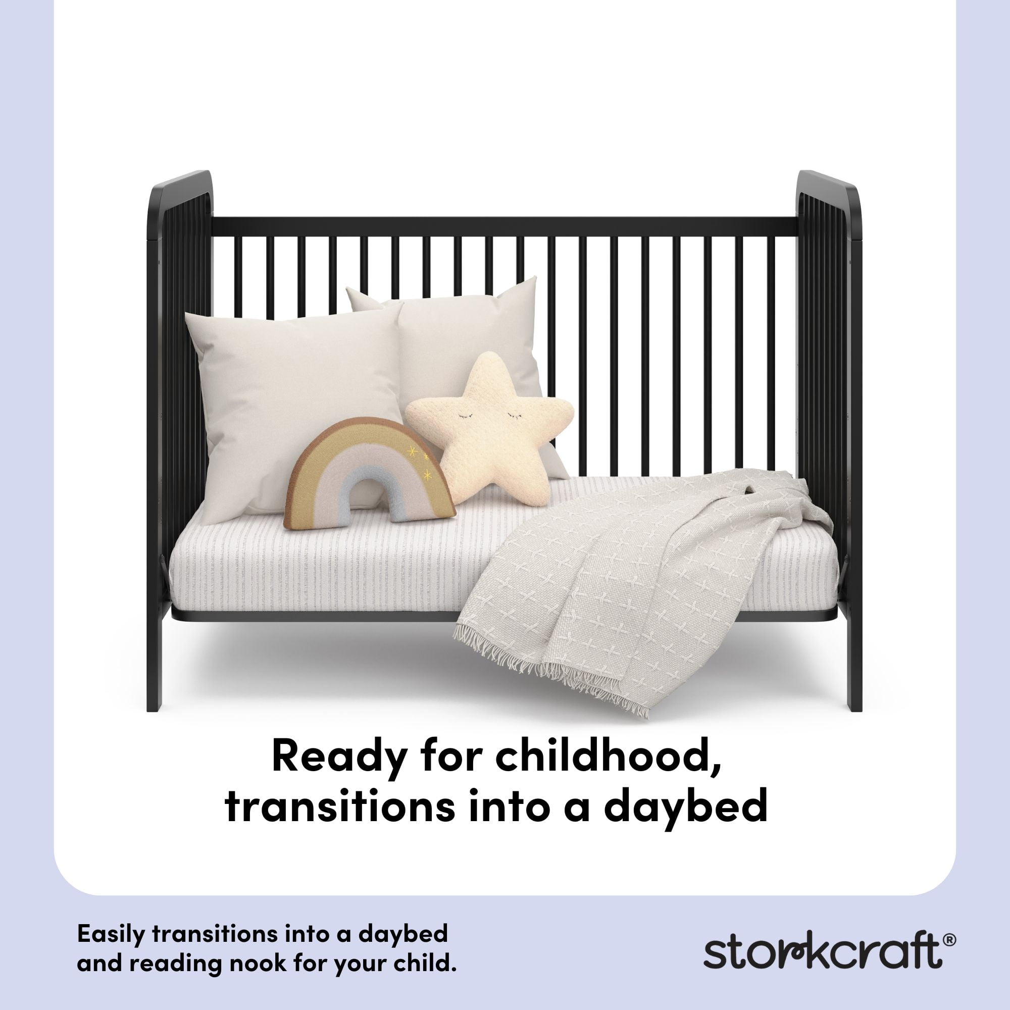 Storkcraft Pasadena 3-in-1 Convertible Crib – GREENGUARD Gold Certified, 100% Solid Wood, Fits Standard Crib Mattress, Converts to Toddler Bed and Daybed, 4 Mattress Heights , Black