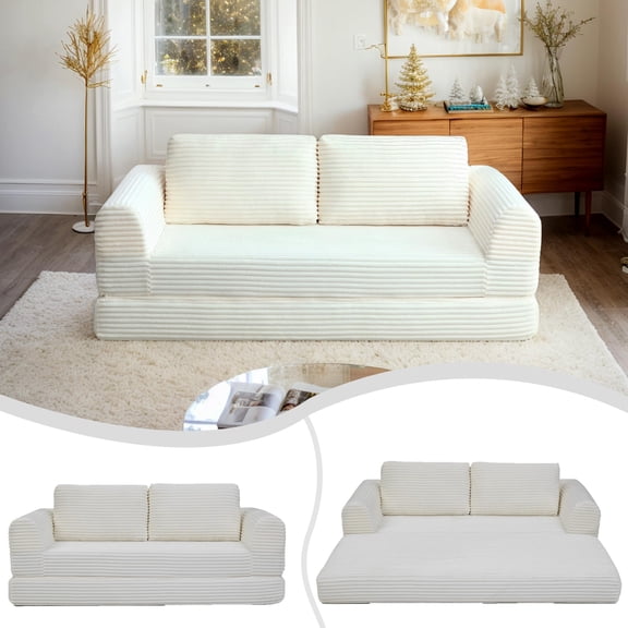 CKEASEAN 82" Corduroy Convertible Boneless Couch with Pull-Out Bed, 2 in-1 Folding Convertible Sofa Bed with Pillows, Loveseat Floor Sofa Couches for Living Room, No Assembly Required