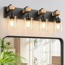 4-Light Farmhouse Vanity Lights for Bathroom Matte Black Bathroom Light Fixtures with Clear Glass Shade Rustic Wood Wall Lighting Fixtures over Mirror for Bedroom, Living Room, Hallway