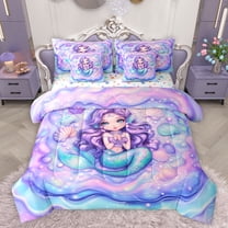 Homewish Ocean Animal Mermaid 7 Pieces Bedding Comforter Set,Watercolor Sealife Full Bedding Set,Pink Blue Purple Fitted Sheet Flat Sheet For Teens,Luxury Bedroom Decor Reversible