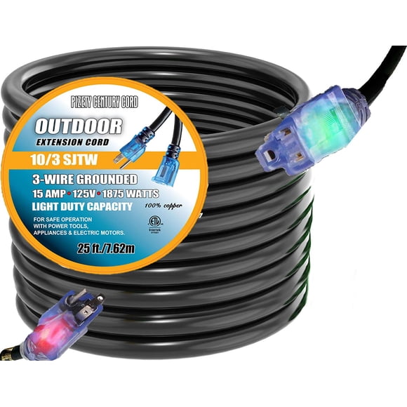 pizety 10 3 Contractor Grade 25 Feet 10 Gauge Power Extension Cord 10/3 Plug Extension Cord with Lighted Ends Black 10/3 Extension Cord 25ft with Lighted Extension Cords 25 ft 10 Gauge