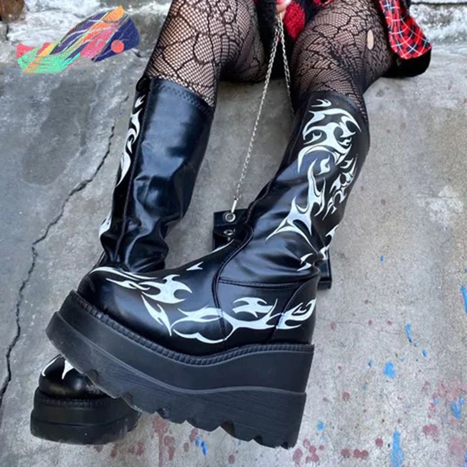 Womens Chic Stylish Round Toe Buckle Mid Calf Boots Platform Wedge Heels Punk 