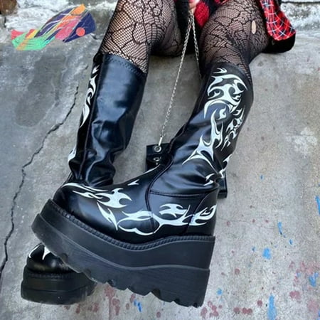 

Hunpta Boots For Women Platform Chunky Shoes Casual Boots Wedges Punk Goth Zipper Mid Calf Boots