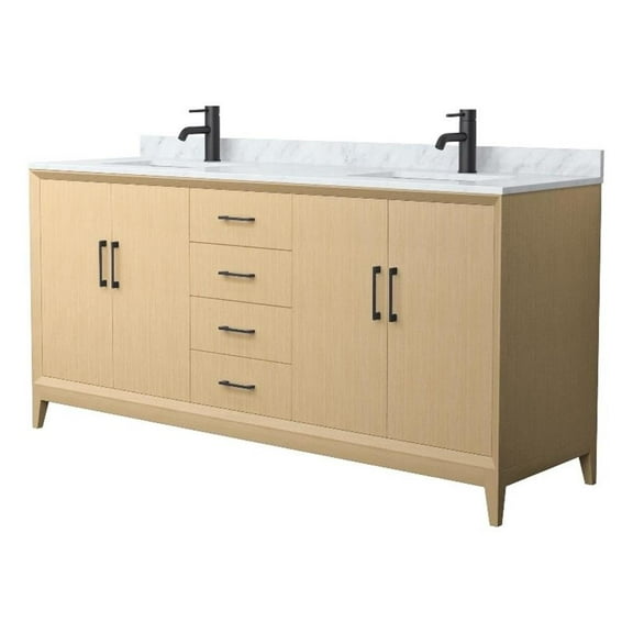 Wyndham Collection WCH757572DHBCMUNSMXX 72 in. Janna Double Bathroom Vanity in White Oak, White Carrara Marble Countertop - Undermount Square Sink - Matte Black Trim
