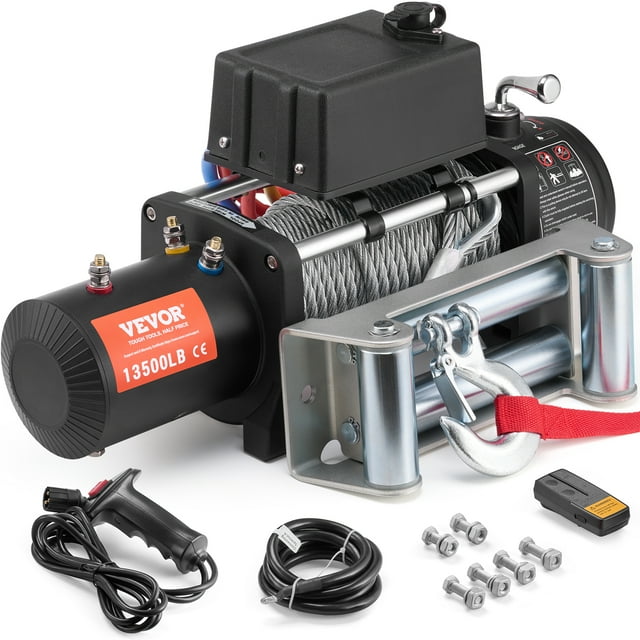 VEVOR Electric Winch Truck 13,500 lb with steel cable, IP55 waterproof rating, and remote control. Designed for off-road recovery and vehicle towing, it features a black matte finish, robust 12V DC/6.6 HP motor, and advanced planetary gear system. Includes wireless and wired remote controls, mounting hardware, and a durable hook with red strap.