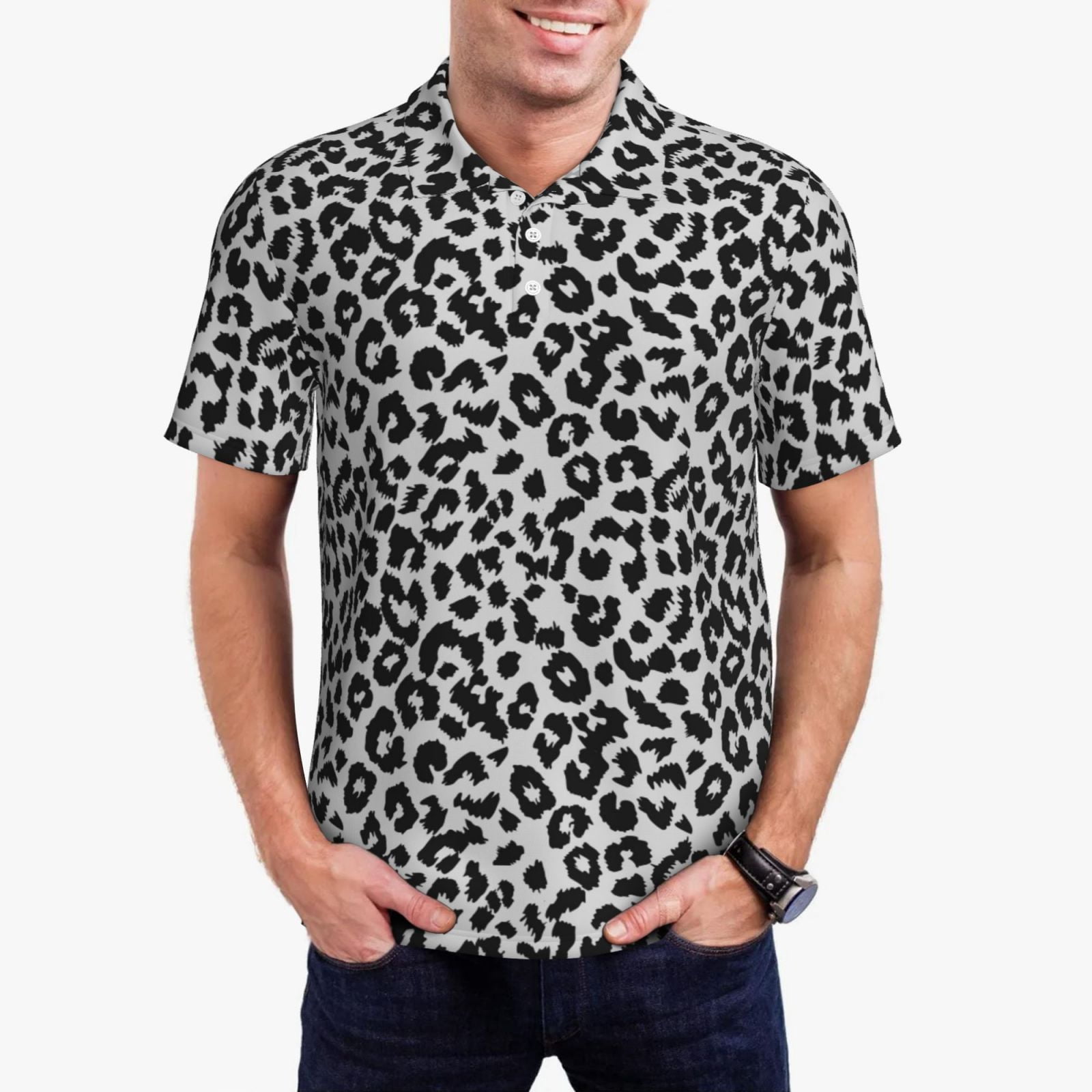 Vsdgher Similar To Leopard Print Print Men's Short Sleeve Stretch Polo Shirt, Moisture-Wicking Performance Polo Shirt