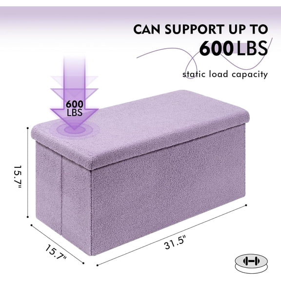 Sherpa Folding Storage Ottoman Bench, Large Long Ottoman with Lid for Shoes & Storage, Footrest Bench for Living Room, Entryway, Purple, 31.5"x15.7"x15.7"
