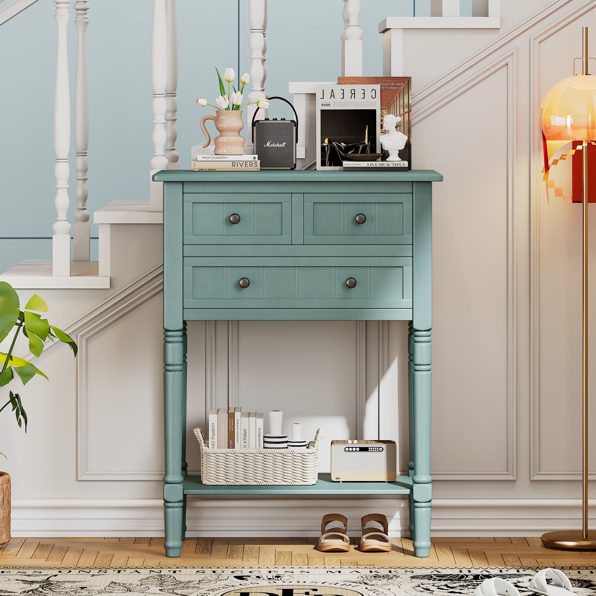 Harper & Bright Designs Narrow Console Table with Storage Drawers and Bottom Shelf for Entryway Living Room, Retro Console Table for Small Space, Light Blue