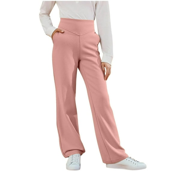 Lenpel Girls' Flare Leggings Soft Casual High Waisted Pull on Bell Bottom Dance Yoga Pants Bootcut Lounge Workout Pants with Pockets(Pink,14-15 Years)