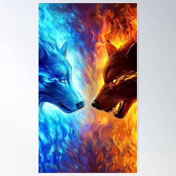 Ice Wolf And Fire Wolf - Wolf Rivalry Poster Wall Art, Modern Wall Decor For Living Room Bedroom, 8x12 UNFRAMED