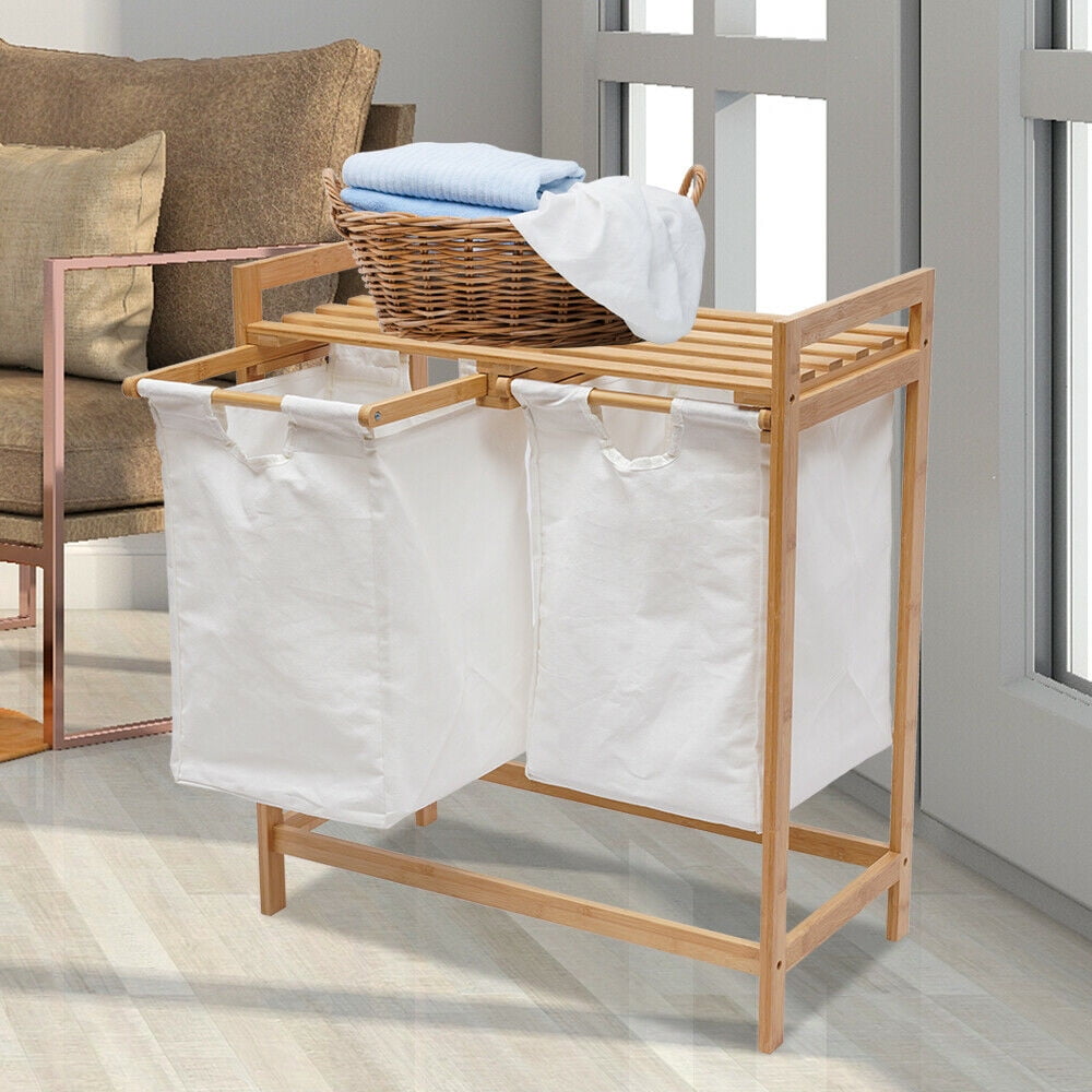 OUKANING Detachable Bamboo Laundry Basket Freestanding Wooden Laundry ...