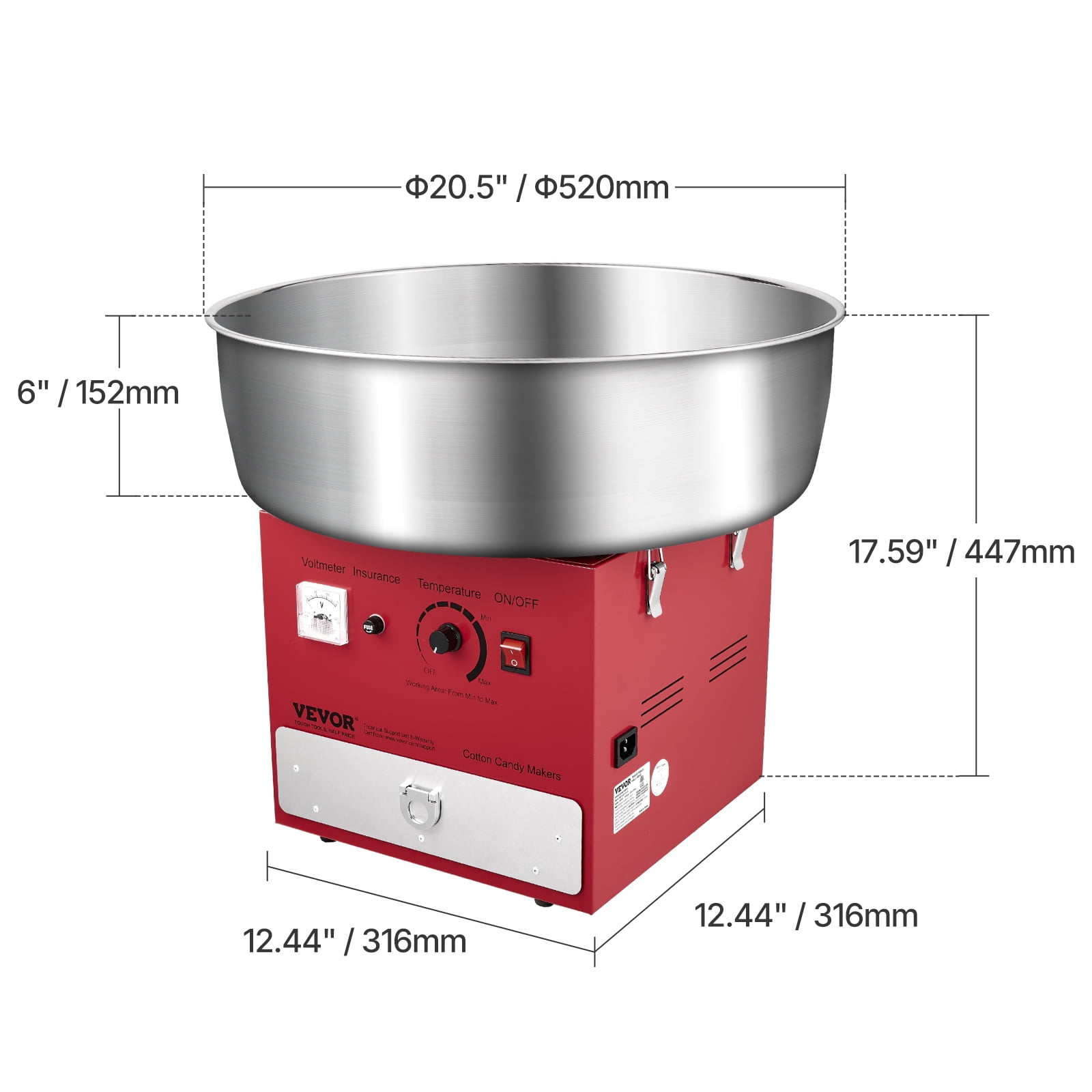 VEVOR Electric Cotton Candy Machine, 1000W Commercial Candy Floss Maker with 20.5 in Stainless Steel Bowl, Sugar Scoop, and Drawer, Easy Home Use, Perfect for Kids Birthday, Family Party, Red