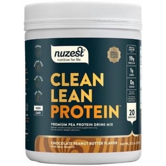 Nuzest - Pea Protein Powder - Clean Lean Protein, Premium Vegan Plant Based, Dairy Free, Gluten Free, GMO Free, Naturally Sweetened, Chocolate Peanut Butter, 20 Servings, 1.1 lb