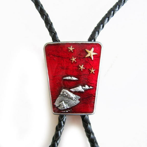 Gold Stars Flag Map Bolo Tie Leather Necklace With Red Enamel